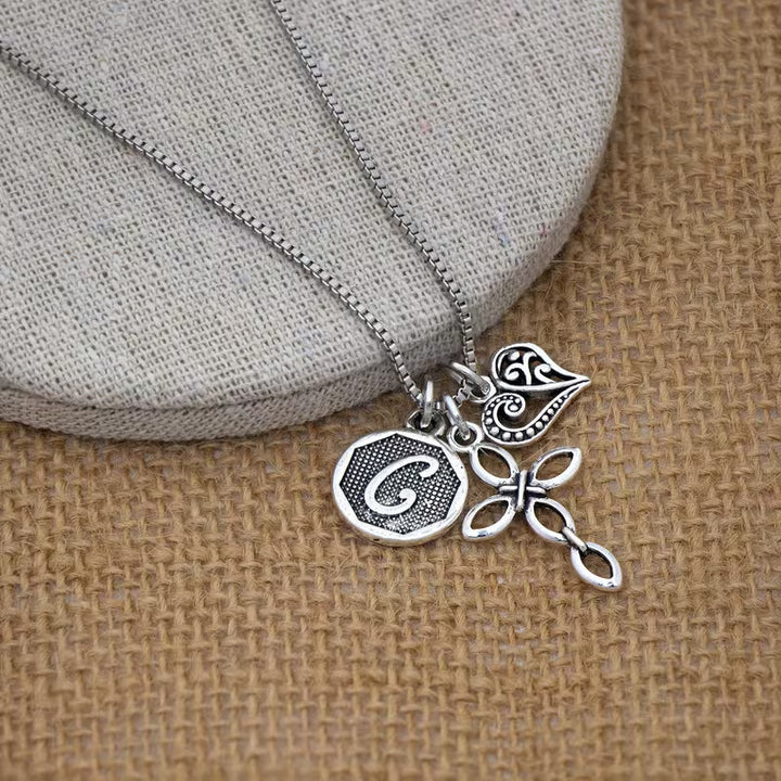 Initial Letter Heart & Cross Necklace
