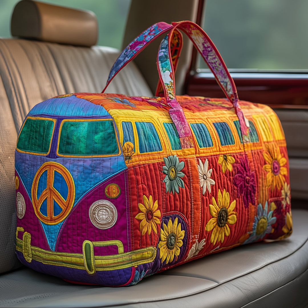 Vibrant Hippie Bus Floral Peace Quilted Duffel Bag