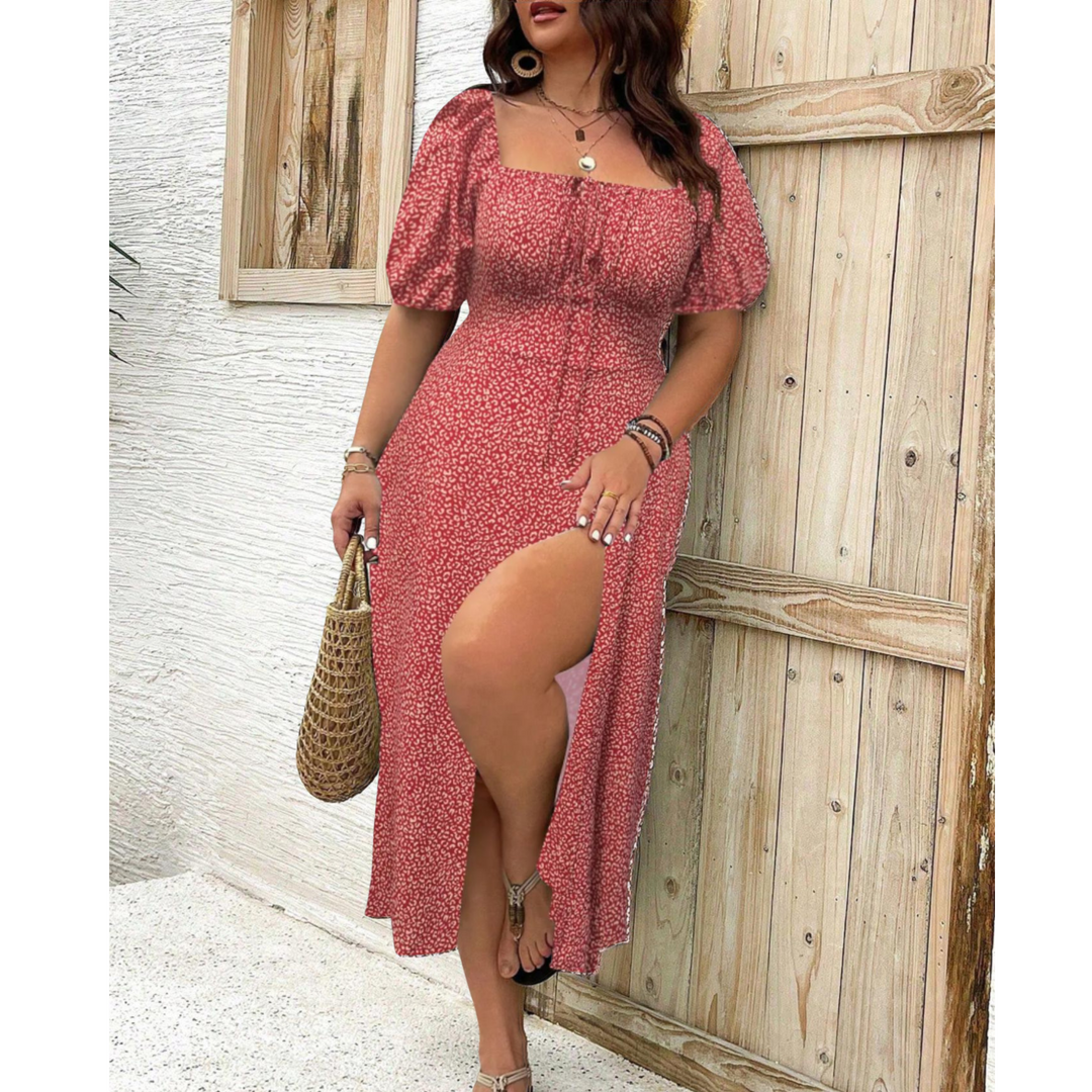 Women's Dress | Puff Sleeve Slit Midi