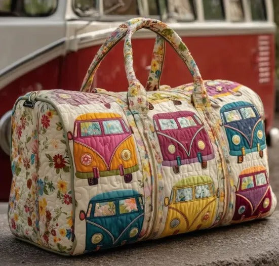 Boho Mini Hippie Camper Bus Quilted Duffel Bag