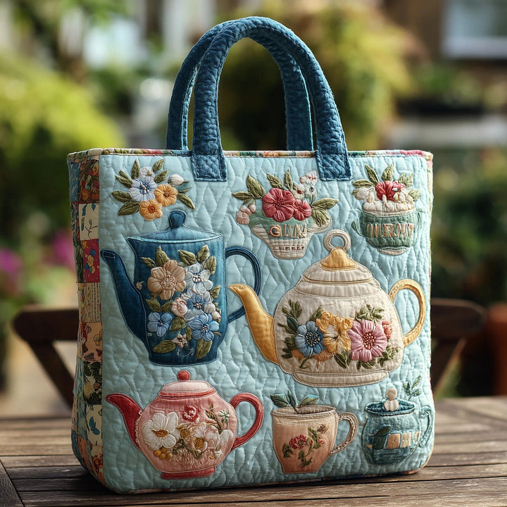 Vintage Teapot Cup Pattern Quilted Tote Bag