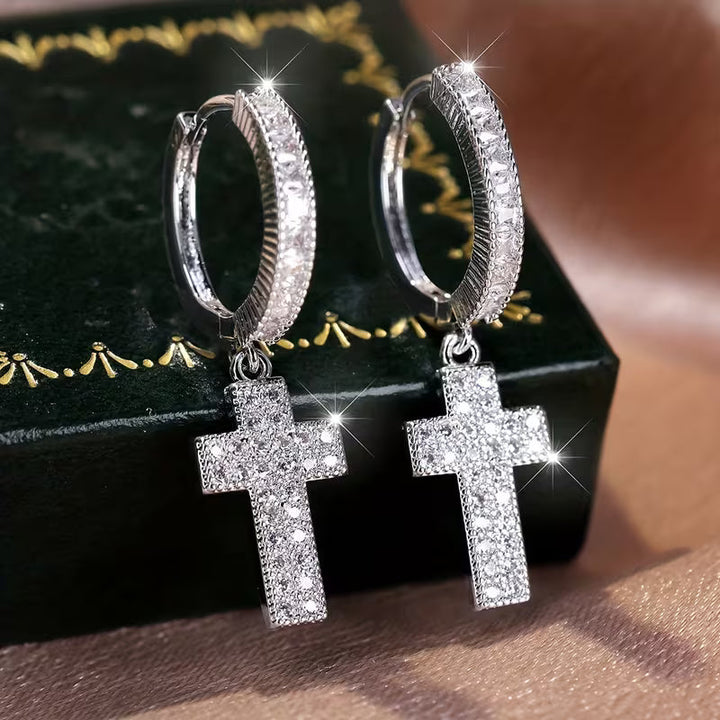 Silver Zirconia Cross Earrings