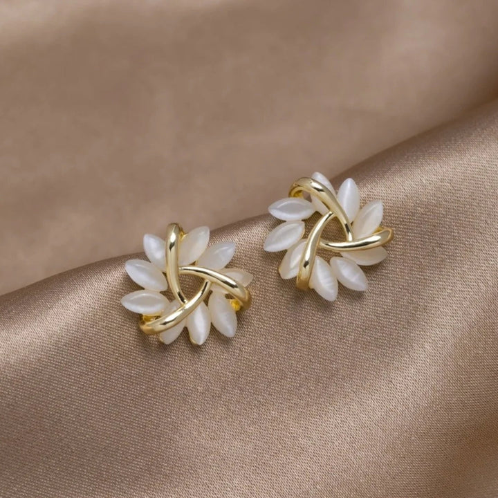 Elegant and Exquisite Circular Opal Flower Stud Earrings in Gold