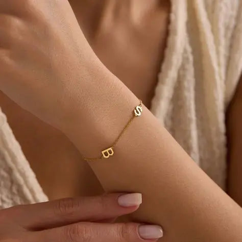 Custom sideways initial bracelet in stainless steel