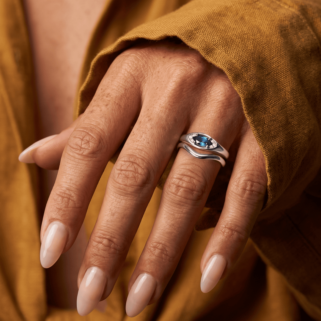 Blue Topaz Evil Eye and Wave Band Ring Set