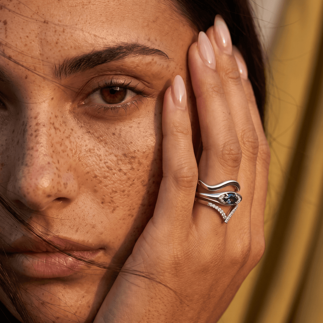 Blue Topaz Evil Eye, Infinity and Wave Band Ring Set