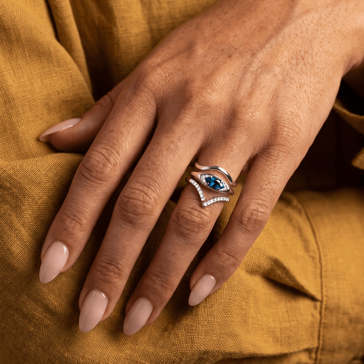 Blue Topaz Evil Eye, Infinity and Wave Band Ring Set