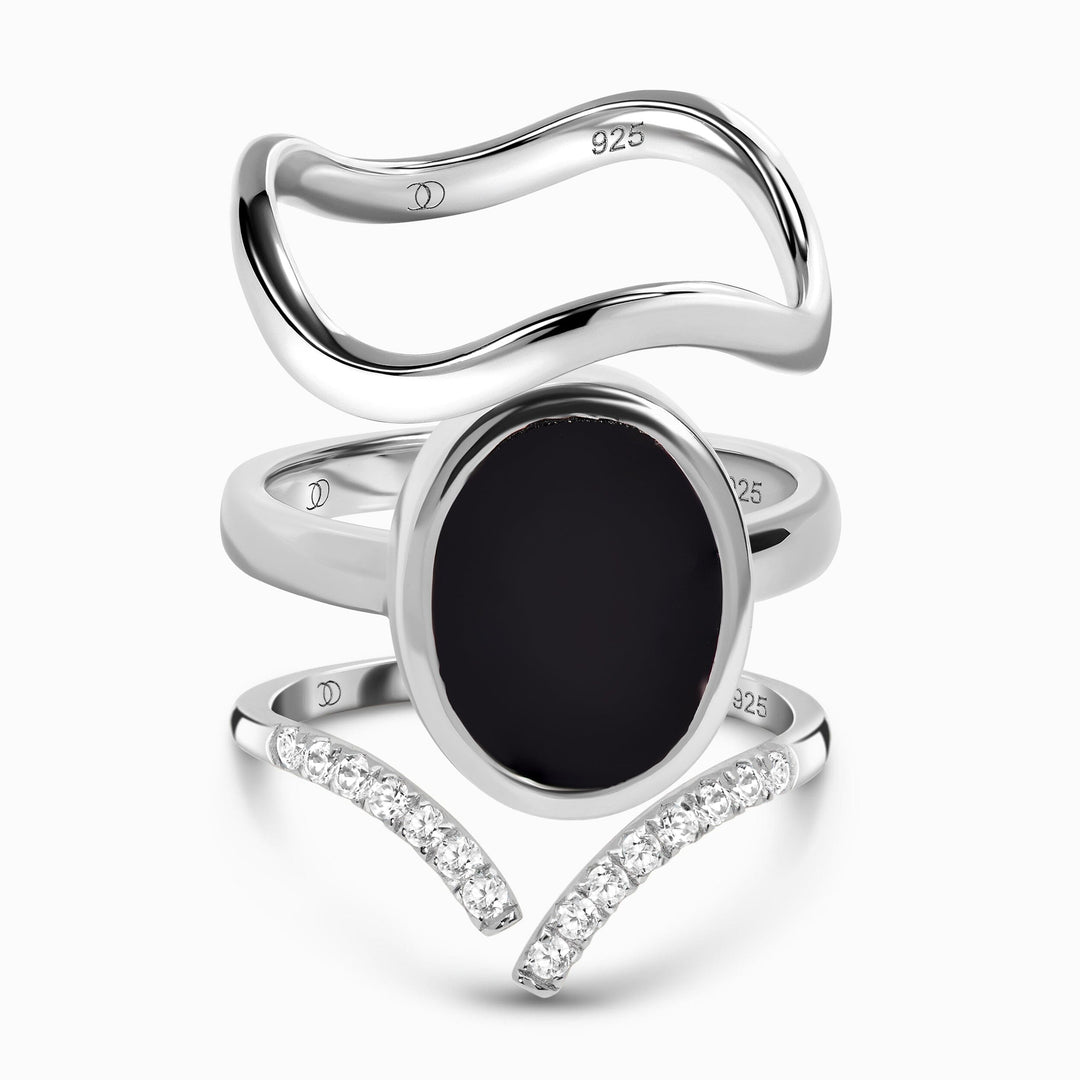 Three Band Black Onyx and White Zircon Ring Set