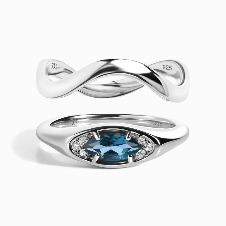 Blue Topaz Evil Eye and Wave Band Ring Set
