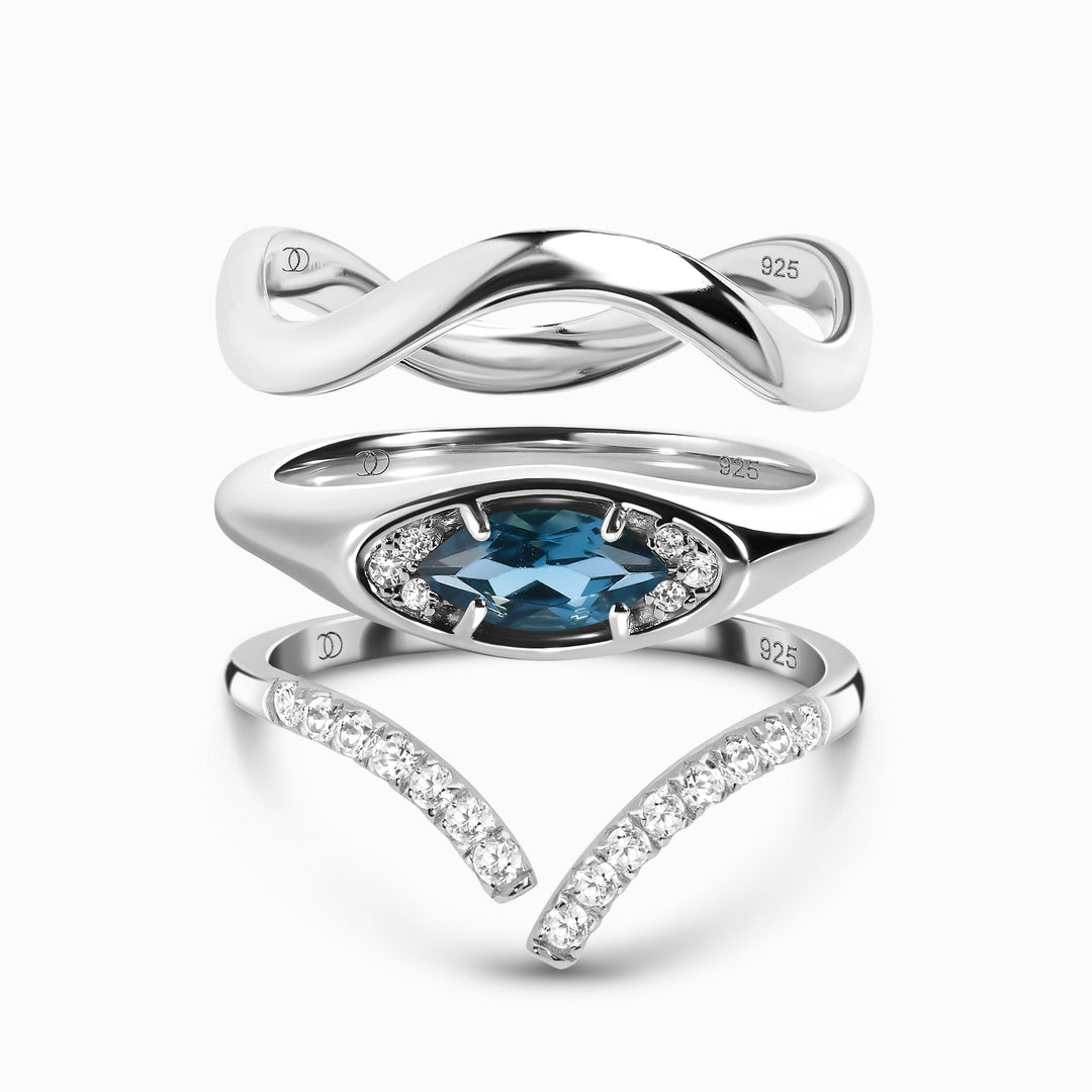 Blue Topaz Evil Eye, Infinity and Wave Band Ring Set