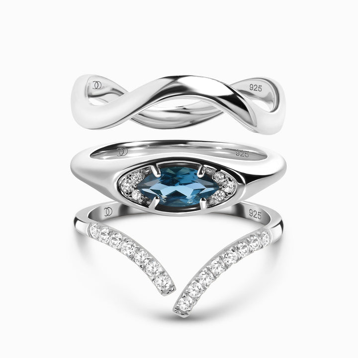 Blue Topaz Evil Eye, Infinity and Wave Band Ring Set