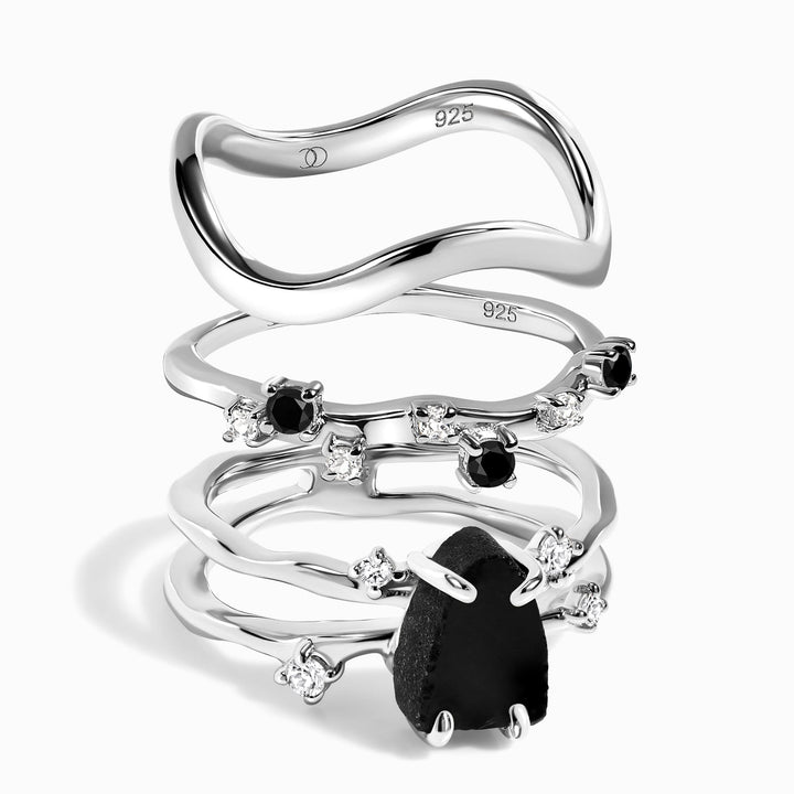 Black Obsidian, Scattered Onyx and Wave Band Ring Set