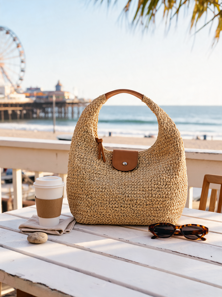 Florence handwoven raffia tote at Santa Monica beachfront cafe - Ava Rose Boutique