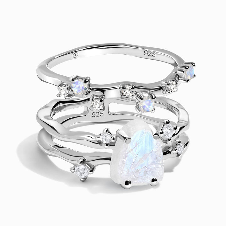 Raw Moonstone and Speckled Stone Band Ring Set