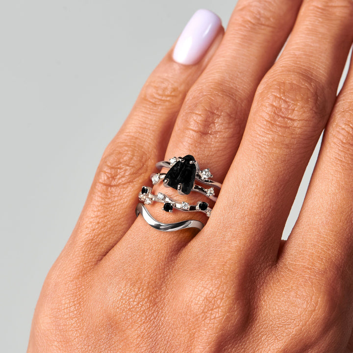 Black Obsidian, Scattered Onyx and Wave Band Ring Set