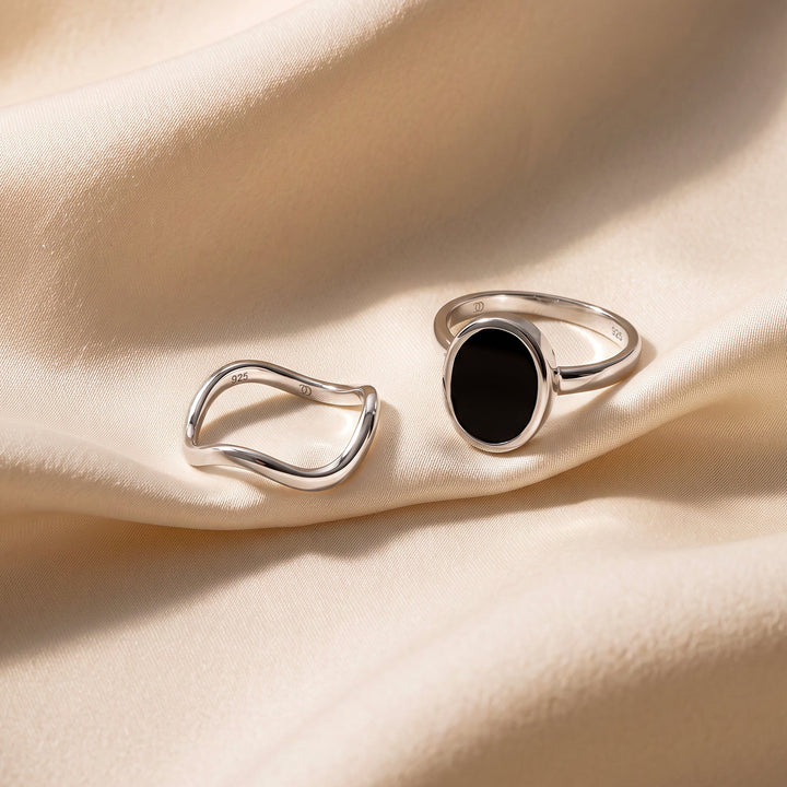 Wrapped Black Onyx and Wave Band Ring Set