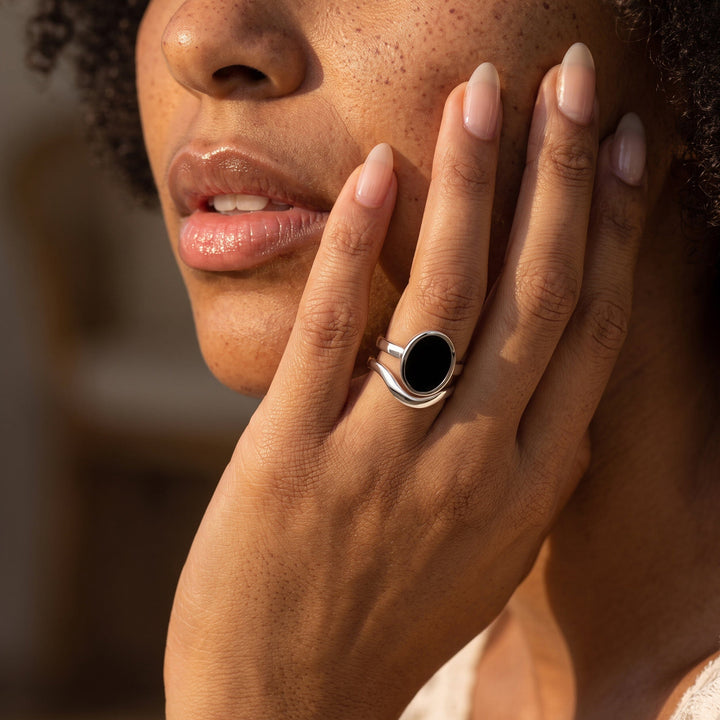 Wrapped Black Onyx and Wave Band Ring Set