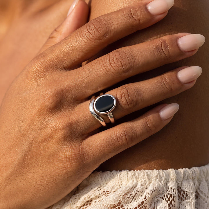 Wrapped Black Onyx and Wave Band Ring Set
