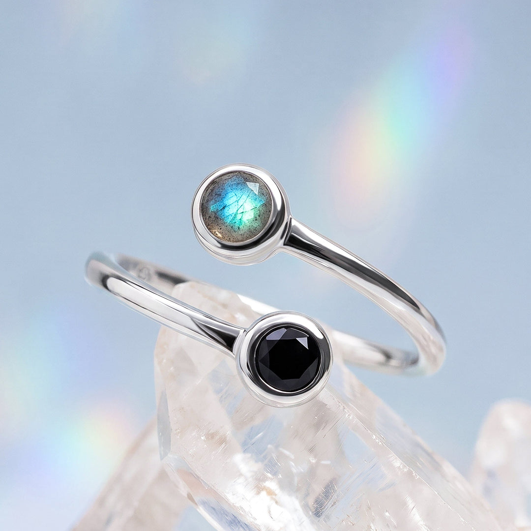 Adjustable Black Obsidian and Labradorite Ring