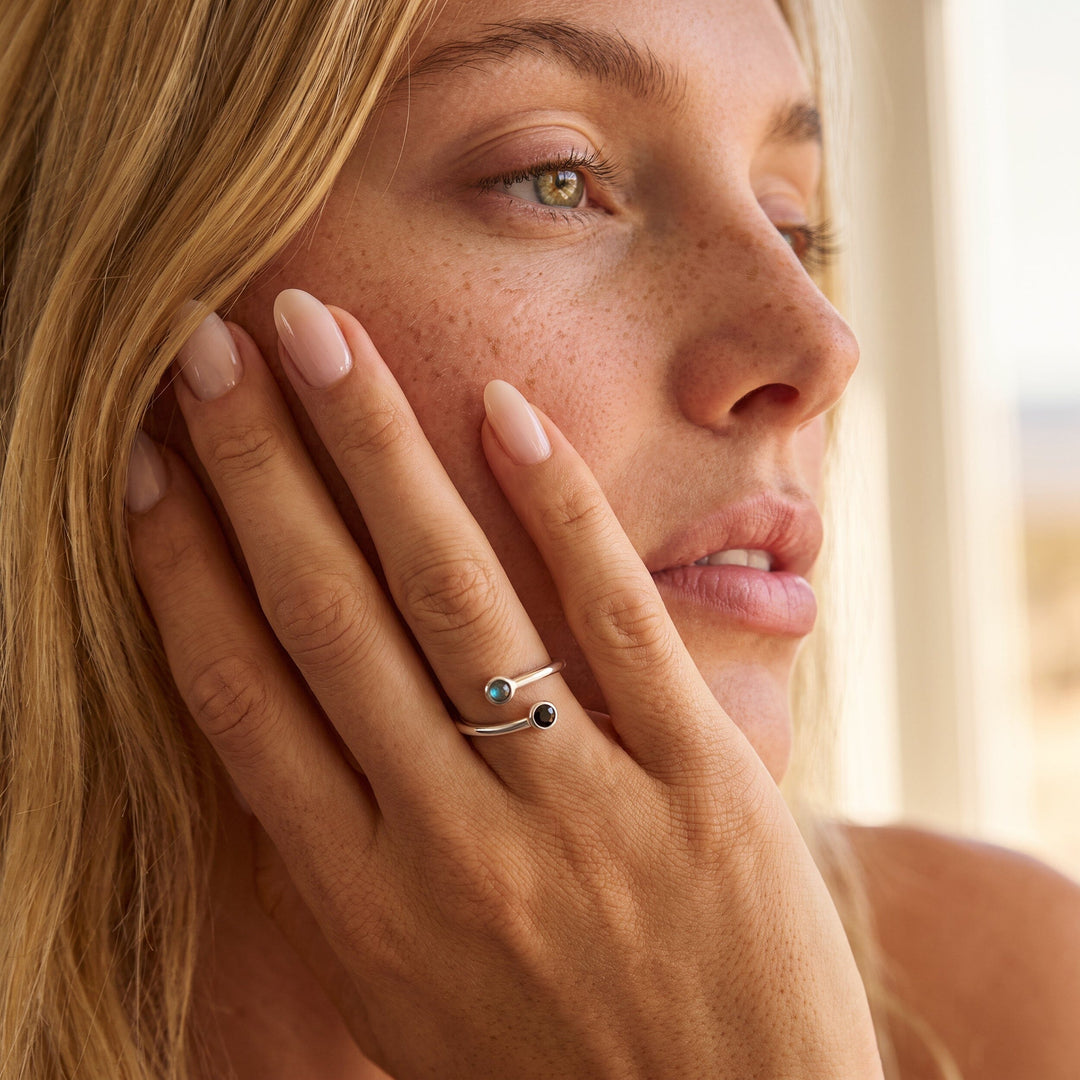 Adjustable Black Obsidian and Labradorite Ring