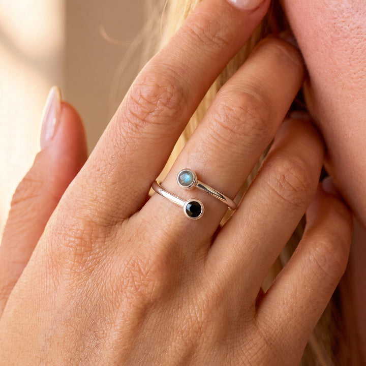 Adjustable Black Obsidian and Labradorite Ring