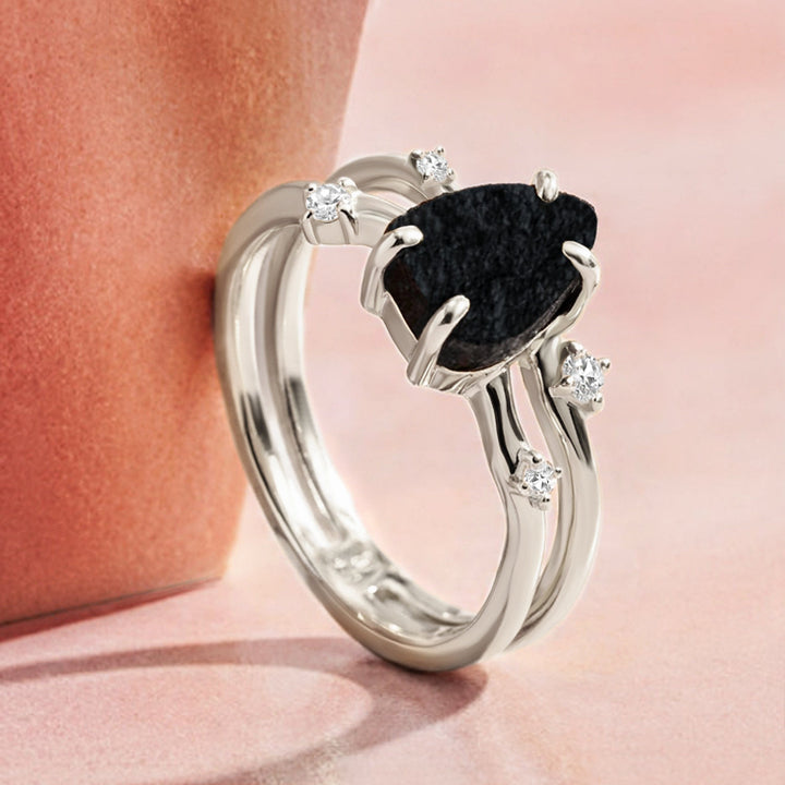 Black Obsidian, Scattered Onyx and Wave Band Ring Set