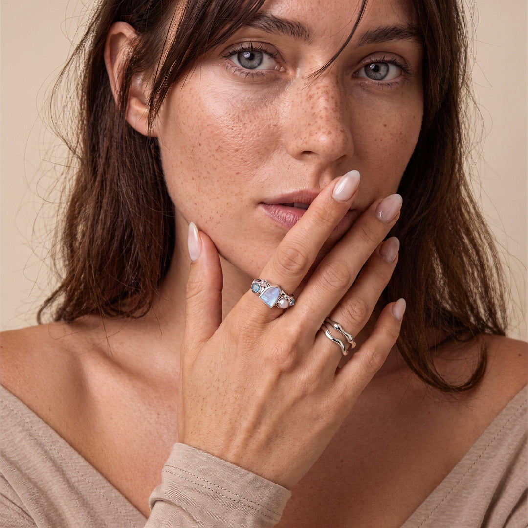 Raw Moonstone, Molten and Wave Band Ring Set