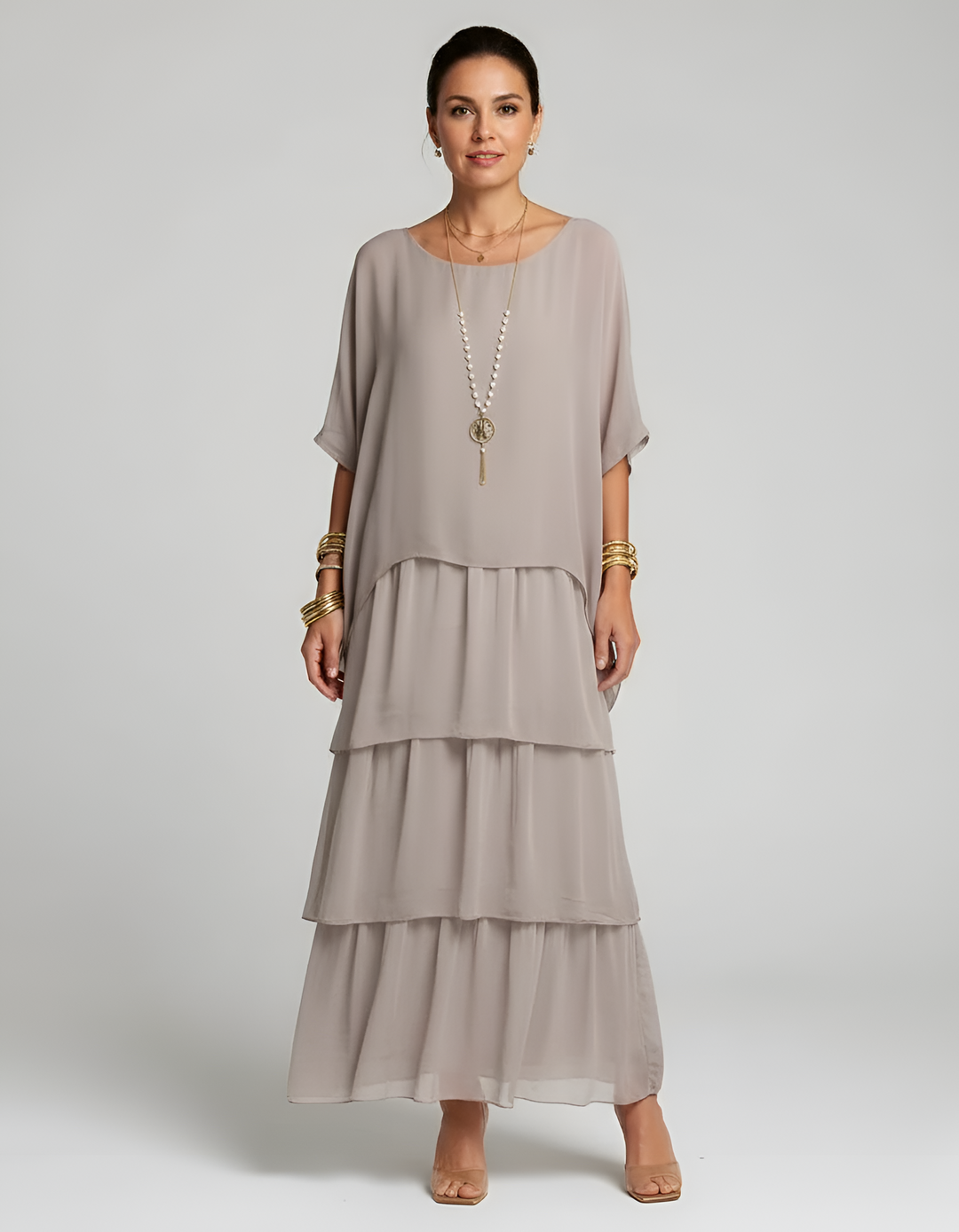 Women's Tiered Maxi Dress with Batwing Sleeves