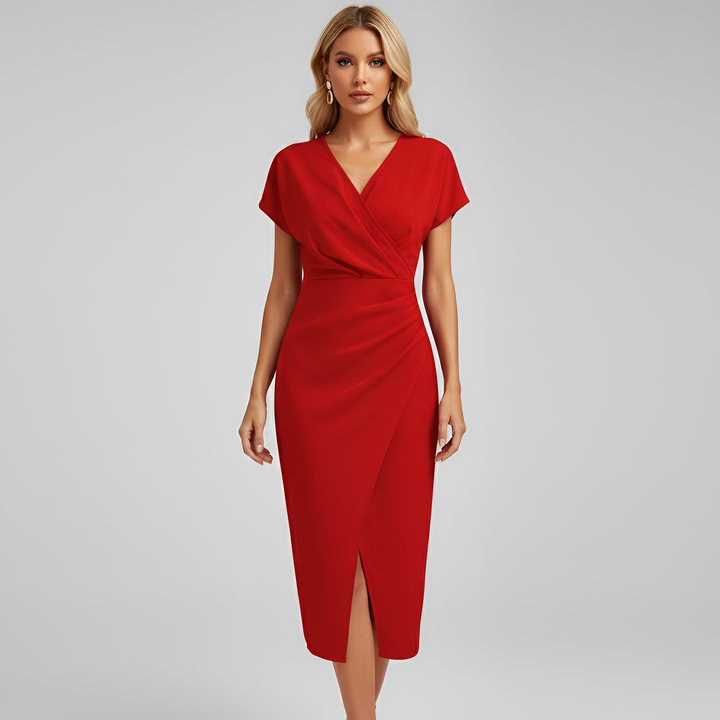 Women's Wrap-Front V-Neck Midi Dress with Short Sleeves