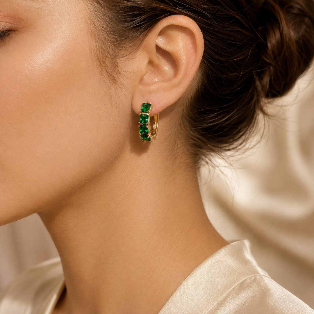 Gold Emerald Chunky Hoop Earrings