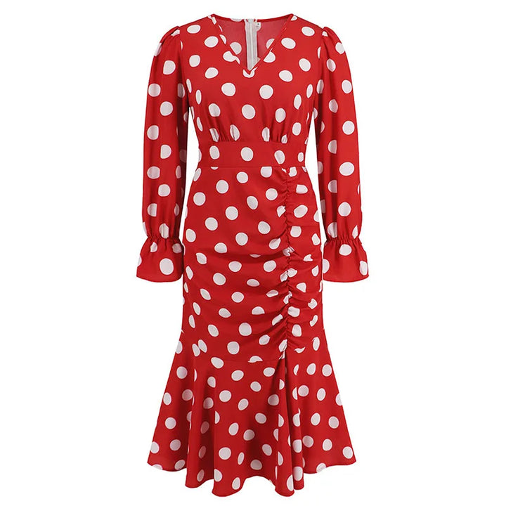 Delphine™ - Long Sleeve Polka Dot Fishtail Dress