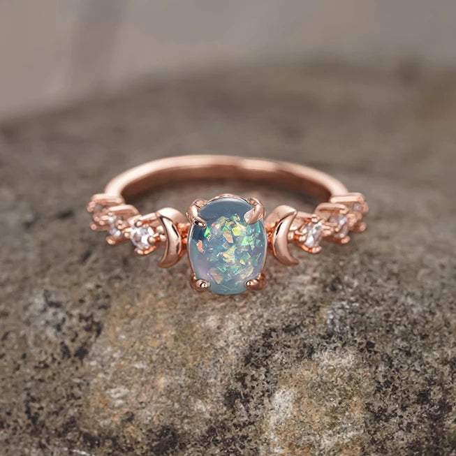 Crescent Moon Opal Zircon Ring