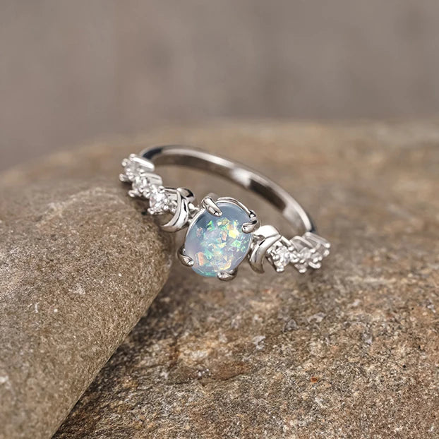 Crescent Moon Opal Zircon Ring
