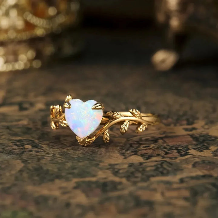 Leaf Branch Heart Opal Ring
