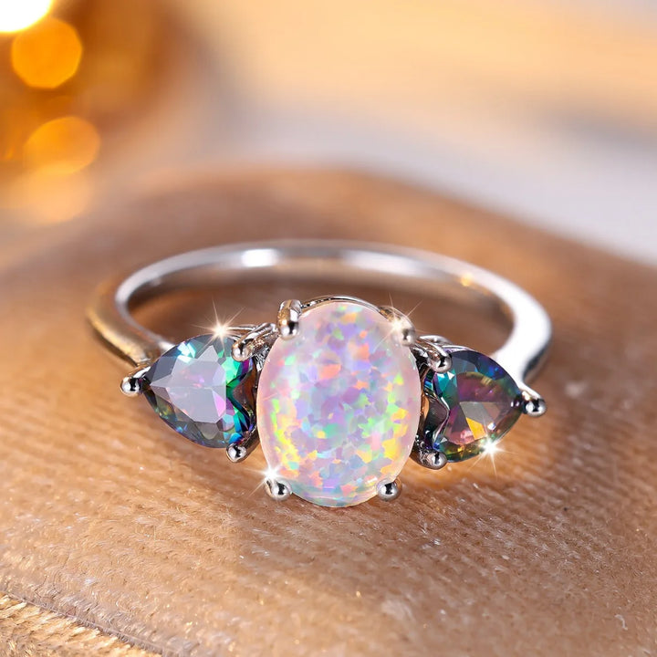 Rainbow Pear Accent Opal Ring