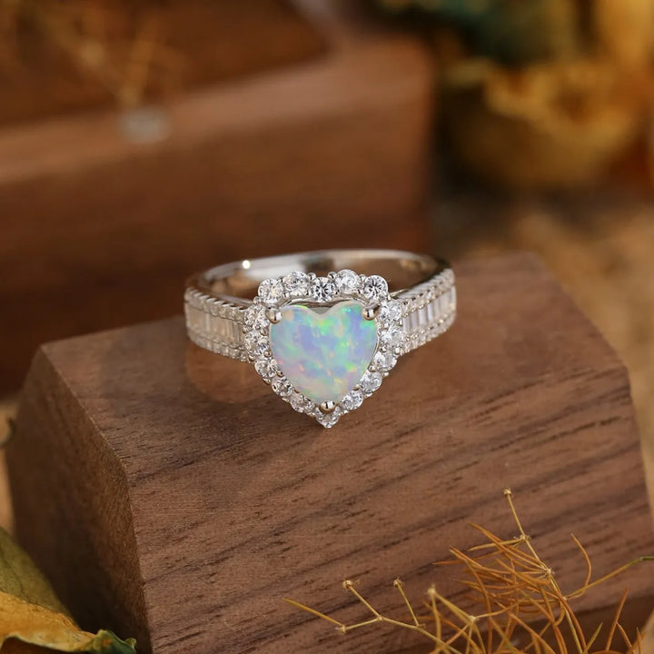 Heart Opal Halo Silver Ring