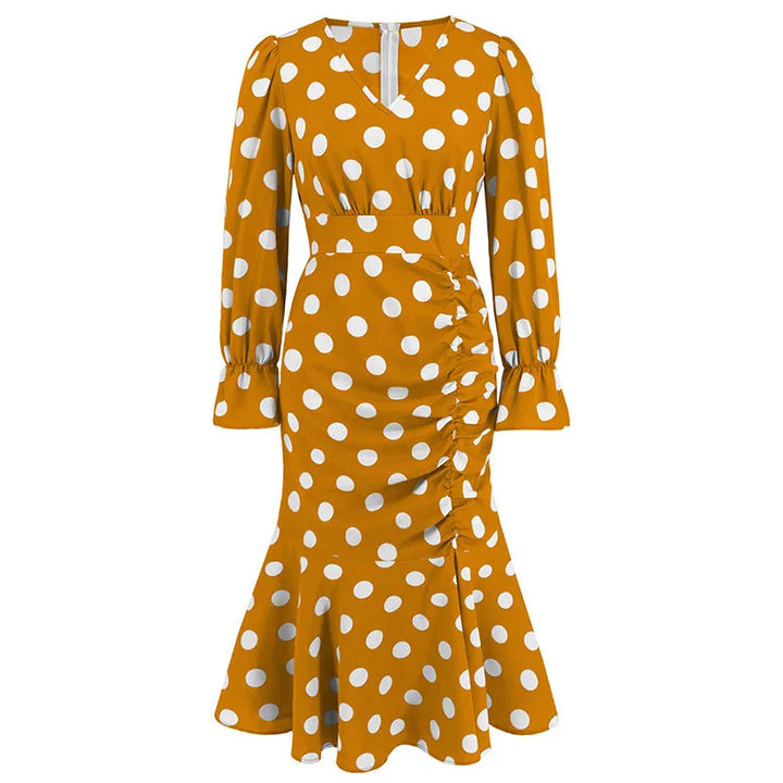 Delphine™ - Long Sleeve Polka Dot Fishtail Dress