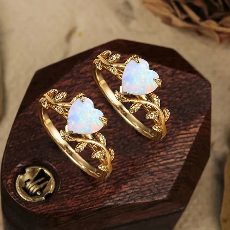 Leaf Branch Heart Opal Ring