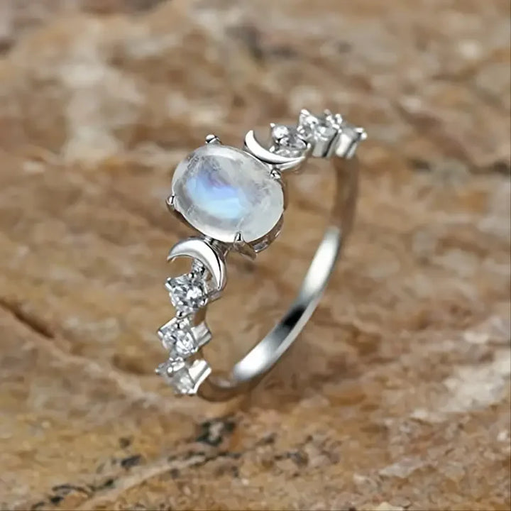 Crescent Moon Opal Zircon Ring