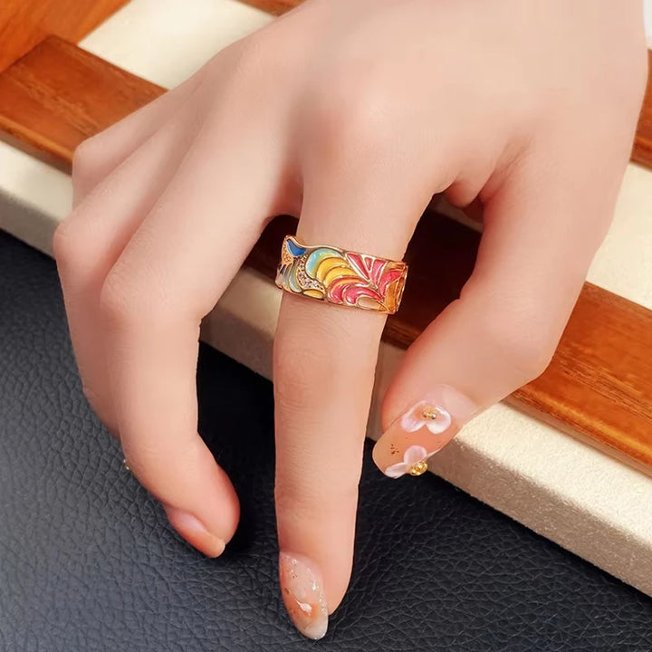 Enamel Feather Wide Band Ring
