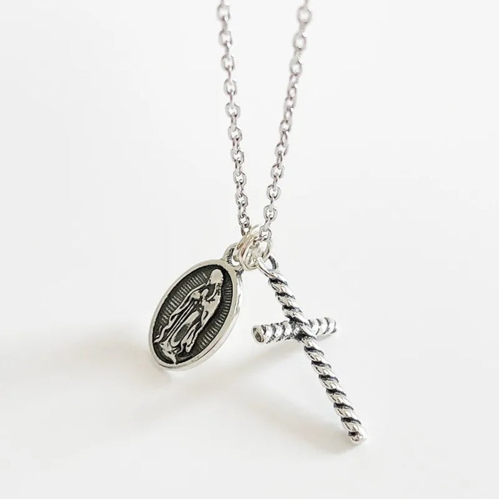 Vintage Cross and Madonna Medallion Necklace