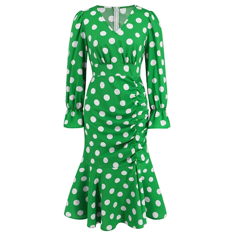 Delphine™ - Long Sleeve Polka Dot Fishtail Dress