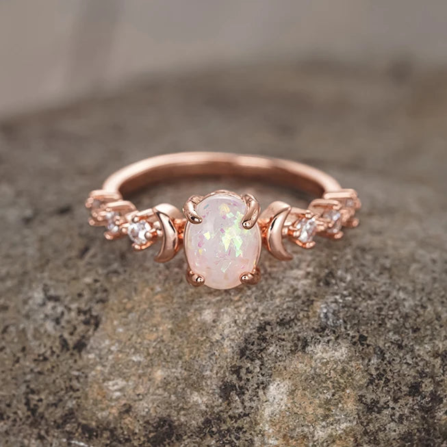 Crescent Moon Opal Zircon Ring