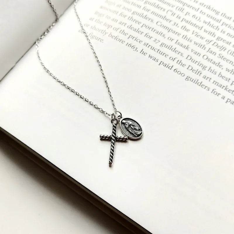 Vintage Cross and Madonna Medallion Necklace