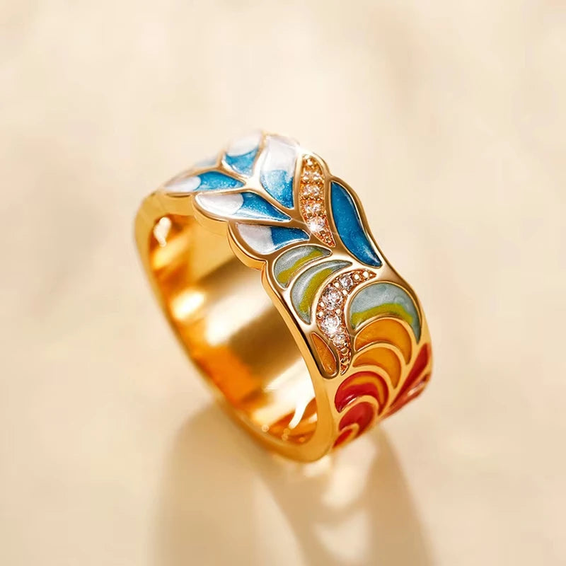 Enamel Feather Wide Band Ring