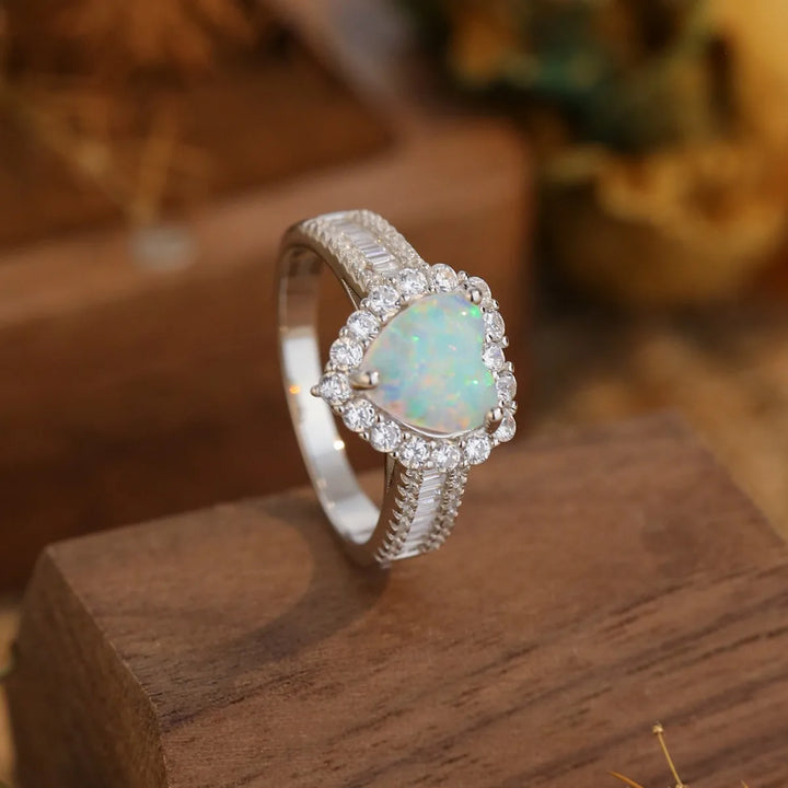 Heart Opal Halo Silver Ring