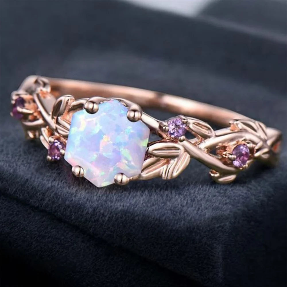 Rose Gold Opal Hexagon Vine Ring