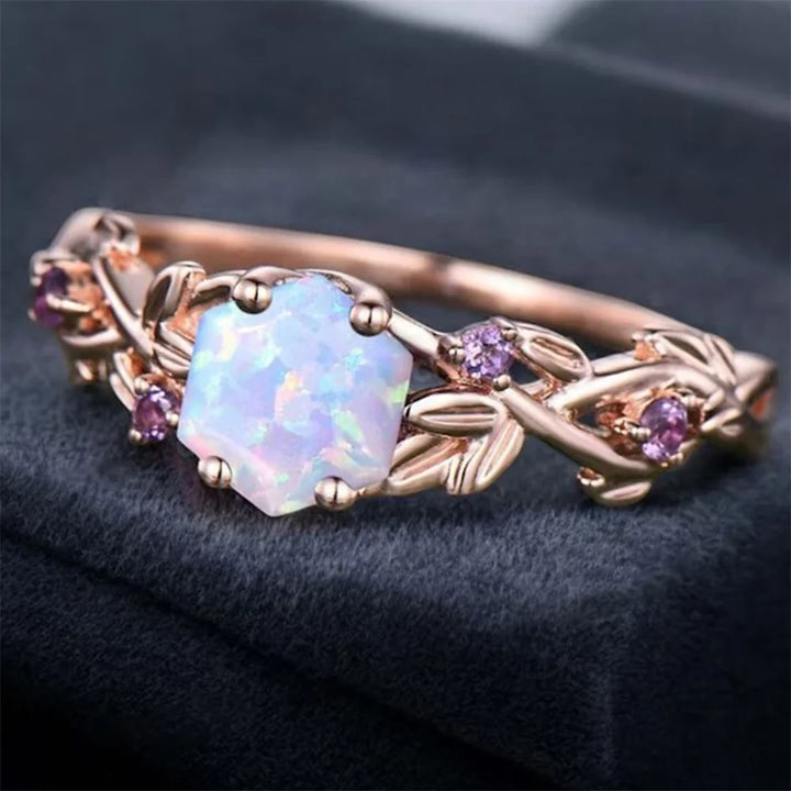 Rose Gold Opal Hexagon Vine Ring