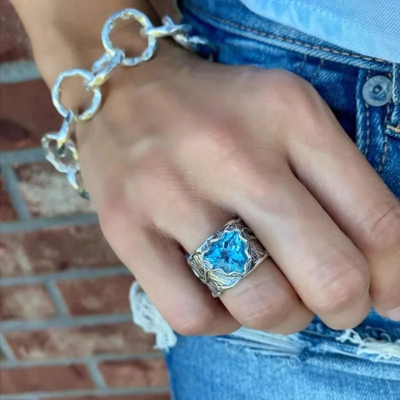 Antique Carved Sea Blue Cocktail Ring