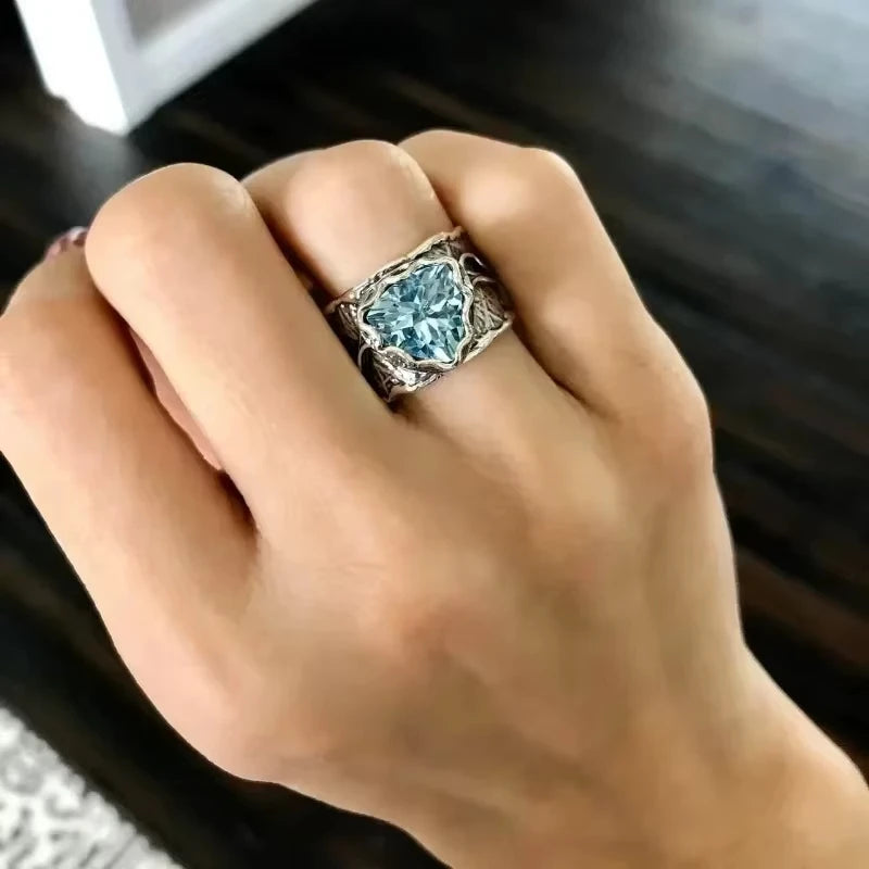 Antique Carved Sea Blue Cocktail Ring